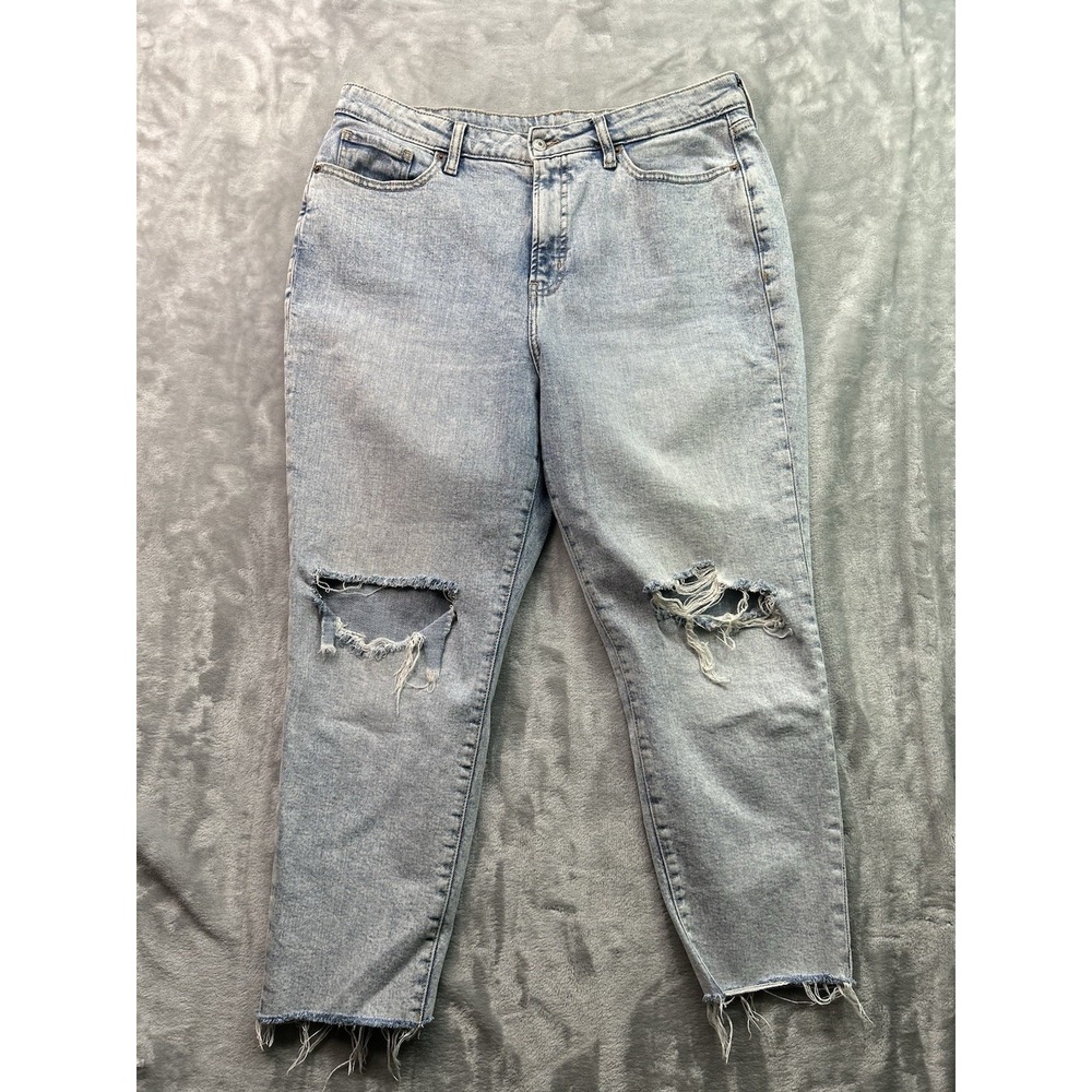 Old Navy Womens Sz 14 Petite Blue Jeans O.G. Straight Distressed High Rise Denim